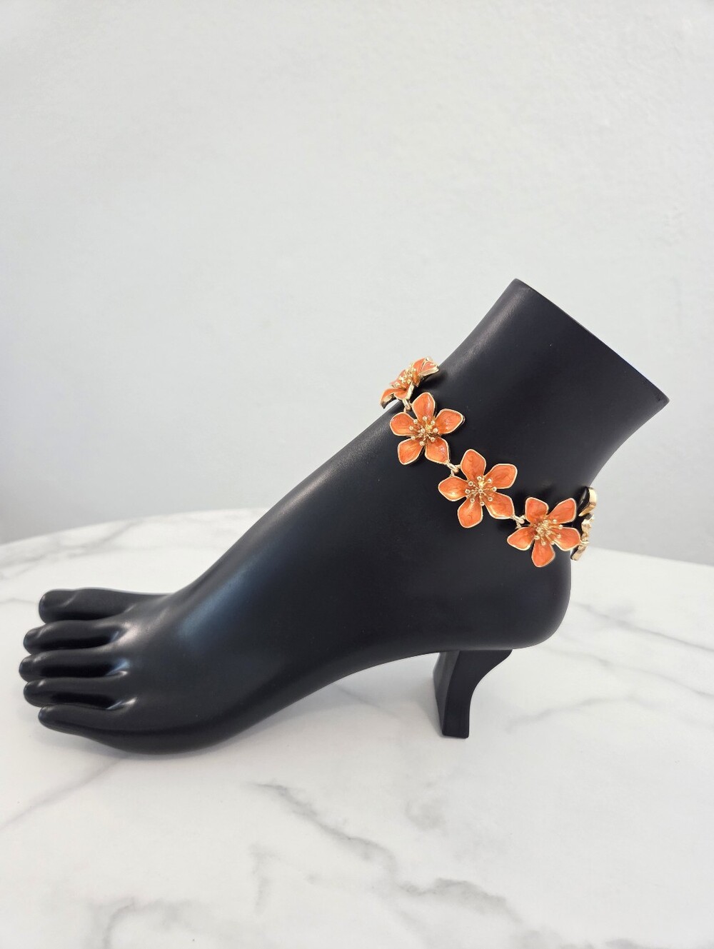 Gold & Orange Enamel Flower Anklet Boho Floral Anklet Bracelet Accesory - Picture 4 of 12